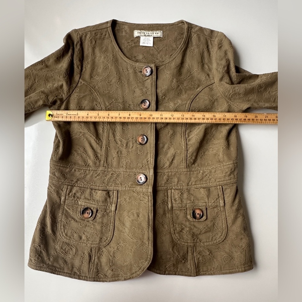 NWT Civility Olive Brown Embroidered Look Lightweight 3/4 Jacket Women’s 12P - Picture 7 of 9